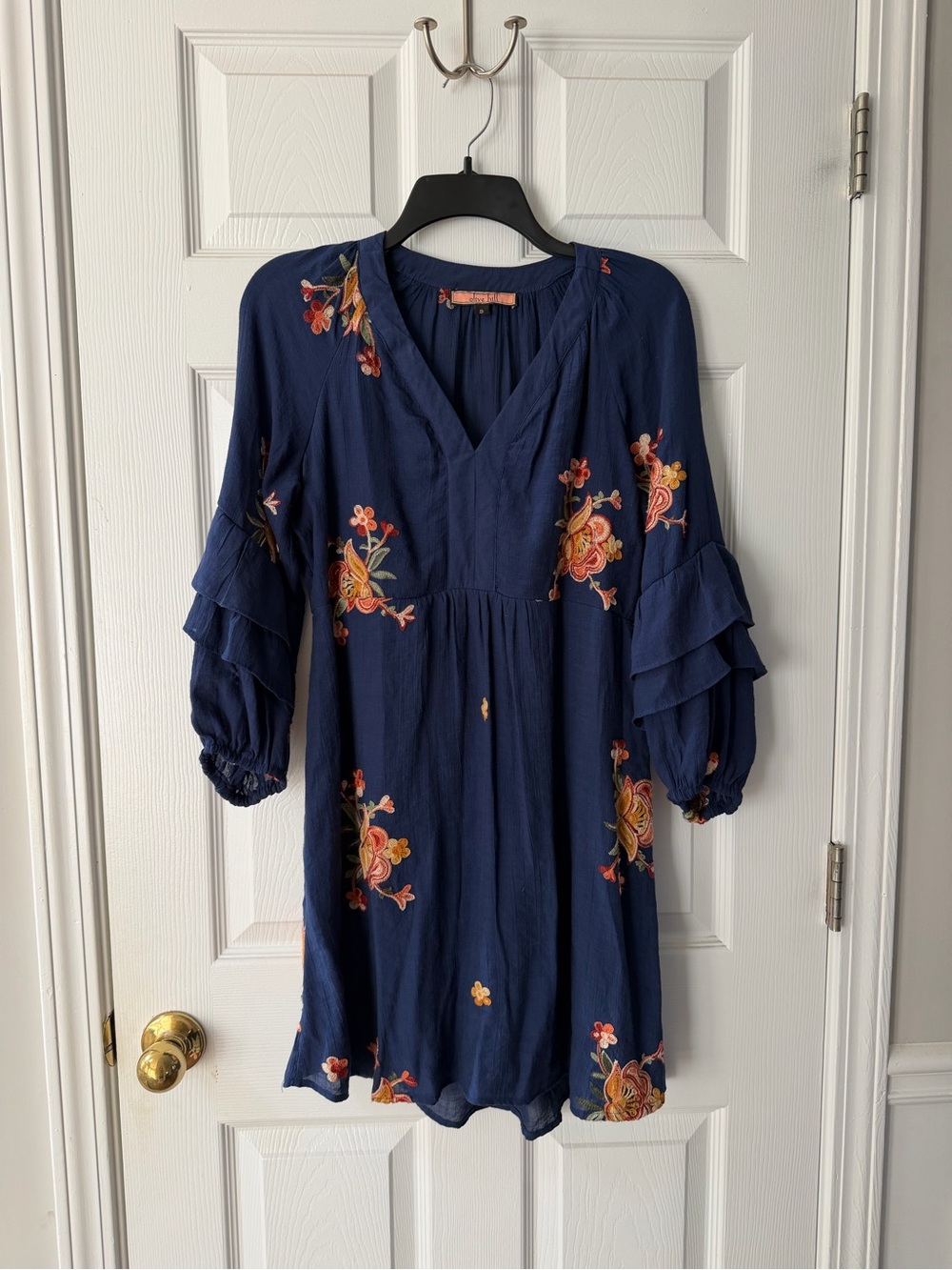 Embroidered Navy V-Neck Mini Dress with Tiered Sleeves